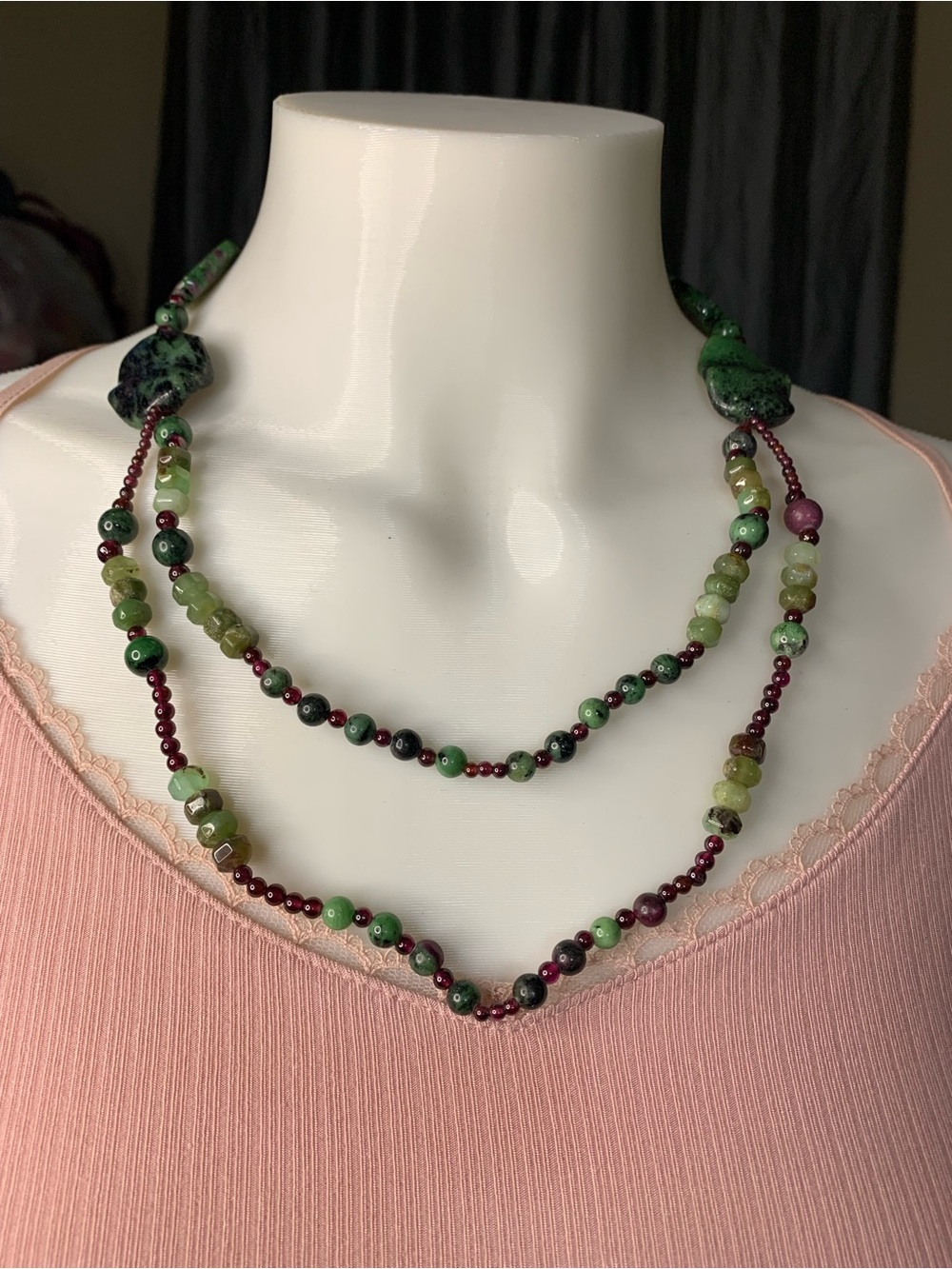 Handmade Green and Burgundy Beaded Women's Necklace - Layered Style